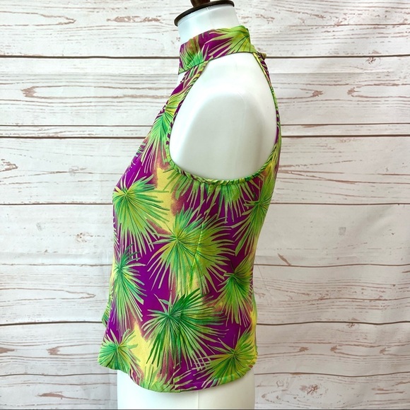 Vintage Y2K Victoria’s Secret Magenta Chartreuse Tropical Palm Silk Halter Top - Picture 6 of 8